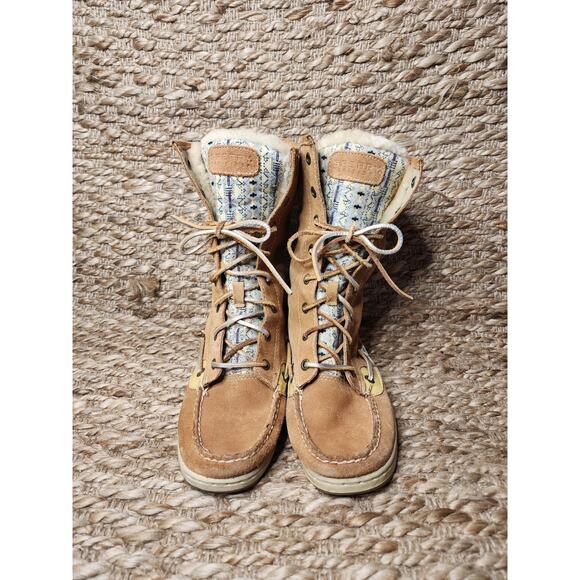 Sperry Top Sider Women's Brown Leather Lace Up Fold Down Fur Boots Size 7 M - Picture 5 of 12